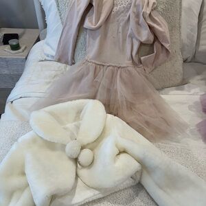 Pink Tulle Dress with White Faux Fur Jacket